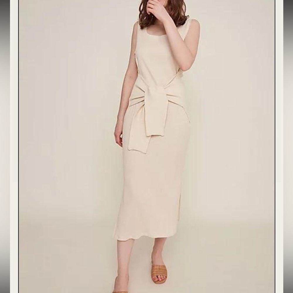Rita Row Women’s Small Gabriela Ribbed Tie Belt Midi Dress Cream Minimalist